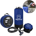 Blue portable outdoor shower bag with 11L capacity, foot pump, and 200cm hose