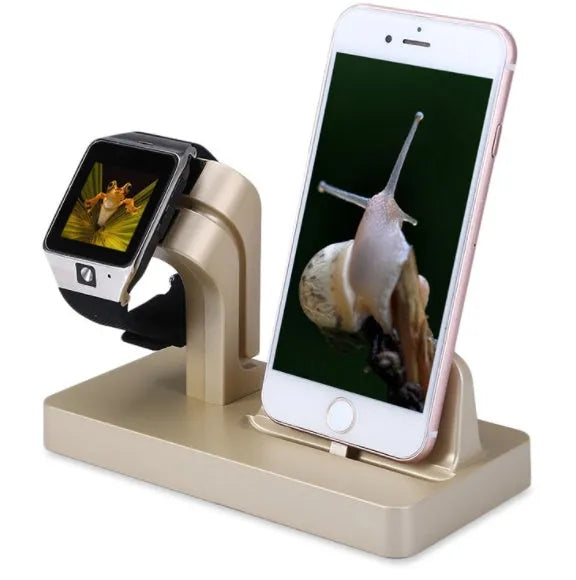White desktop charging dock holding iPhone and Apple Watch upright for simultaneous charging