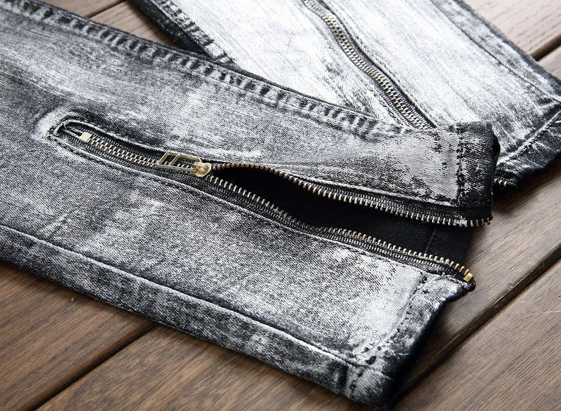 Pair of men's black basic straight jeans with worn finish, 98% cotton, side view
