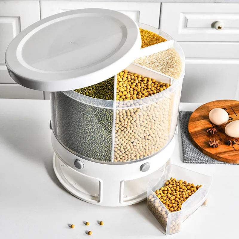 Transparent plastic rotatable food storage box with lid, 23.2 x 29cm, filled with rice