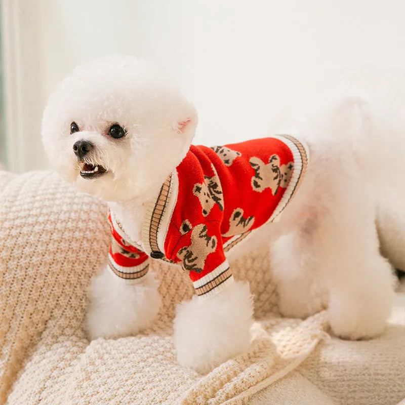 Cute bear pattern two-legged dog sweater in beige for small dogs and cats, sizes XS to XL
