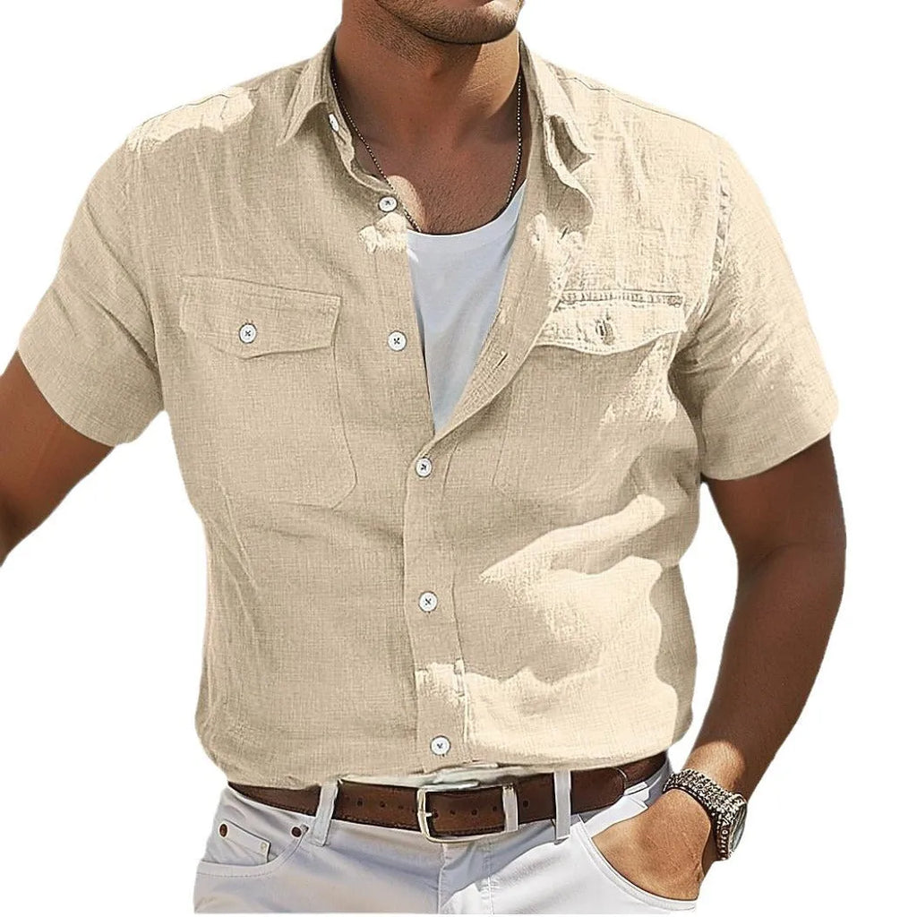 Men's solid colour cotton shirt with polo collar and long sleeves in loose cardigan style