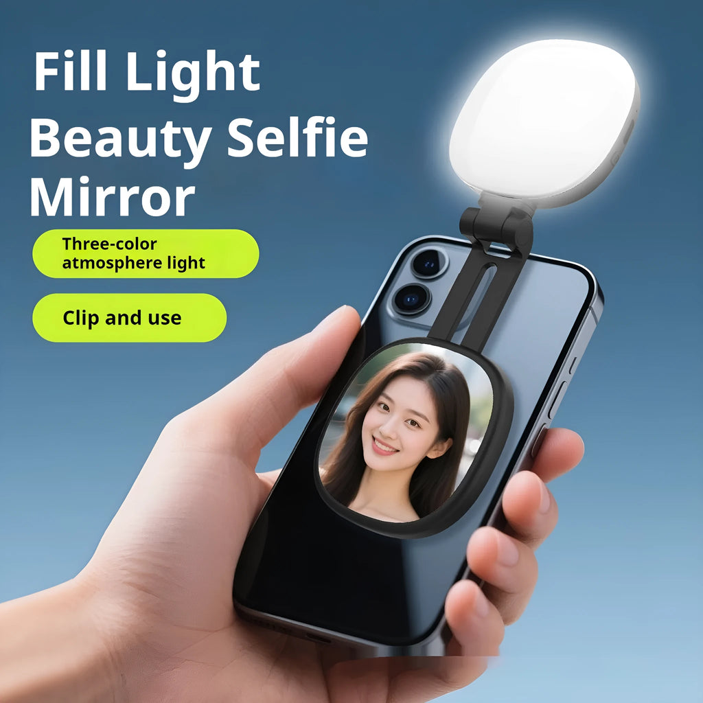 Black and white handheld magnetic phone selfie fill light with adjustable colour temperature settings.