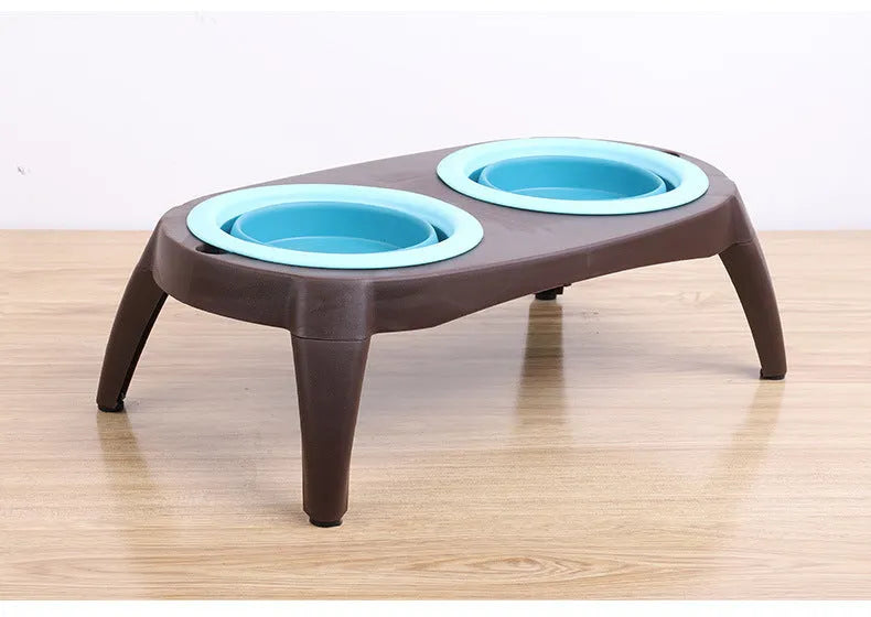 Grey folding pet double bowl made from PP and TPR with non-slip base, packed flat at 38.5 x 21.5 x 12.5 cm