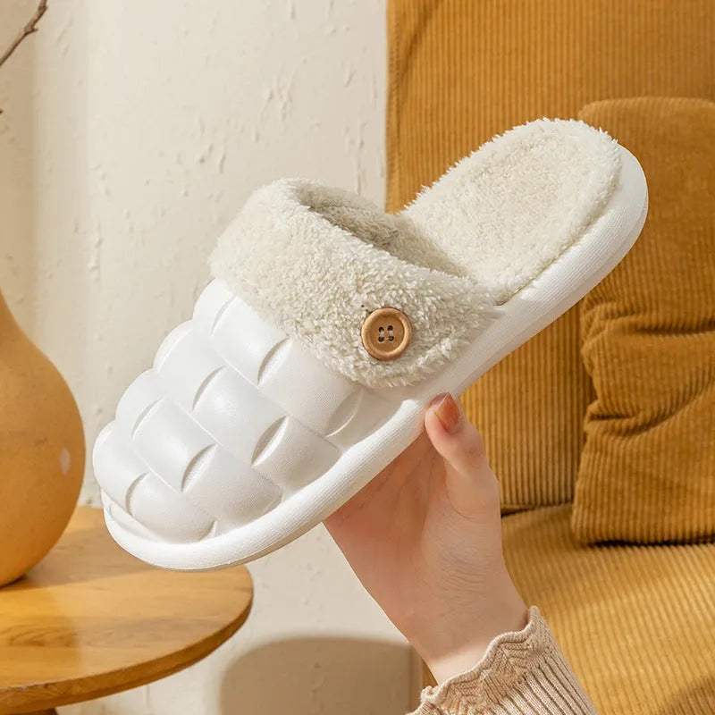 Women's detachable plaid EVA slippers with plush lining in multiple colours.