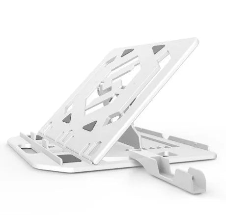 Adjustable notebook stand in black engineering plastic with seven angle positions on a desk