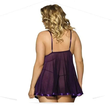 Seamless purple mesh and lace sling dress sleepwear for women, shown in a large size.