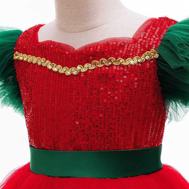 Children's colour-block princess dress with lace in D1557 red, suitable for heights up to 150cm