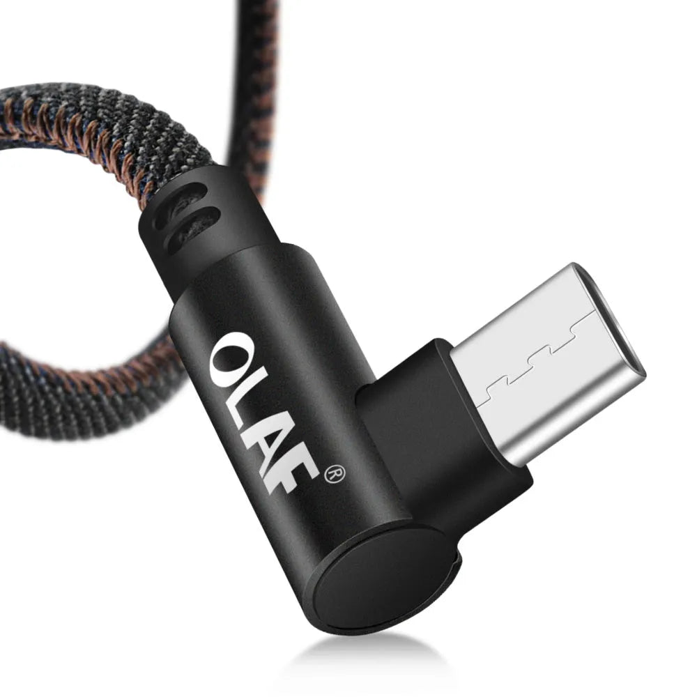 Black USB fast charging cable with denim fabric sheath and aluminium connectors shown at different lengths.