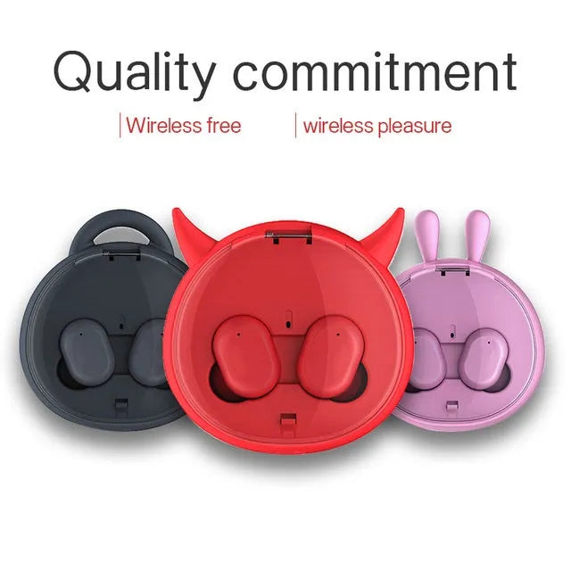 Wireless Bluetooth 5.0 headset with stereo bilateral earplugs and battery display, shown in pink, black and red