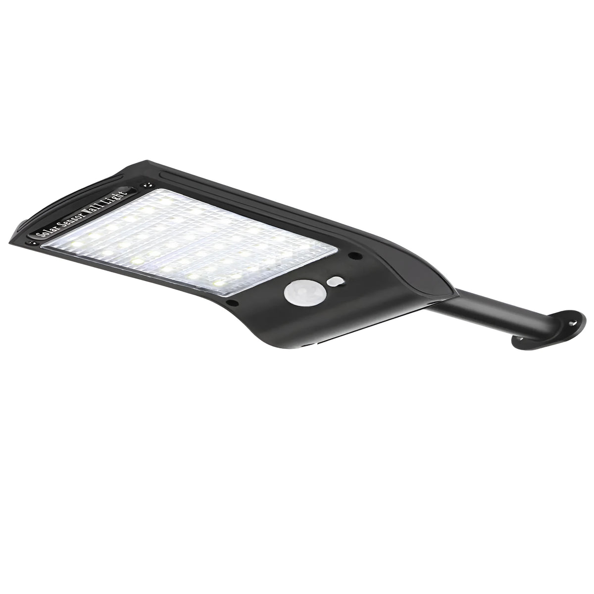 Black solar-powered outdoor wall light with motion sensor and 36 LEDs on an adjustable mount.