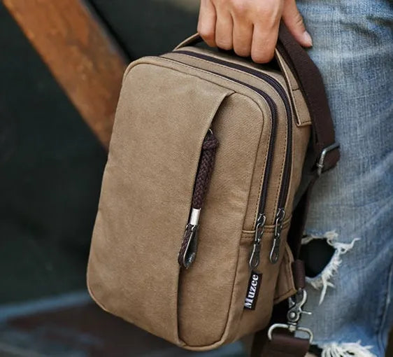 Canvas cross body bag, 16x10x25cm, with 110cm strap, shown in Blue, Grey and Light Brown