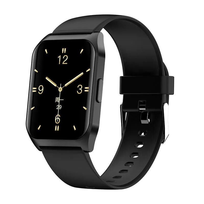Black smart watch with 1.69-inch touchscreen display and silicone wristband showing interface