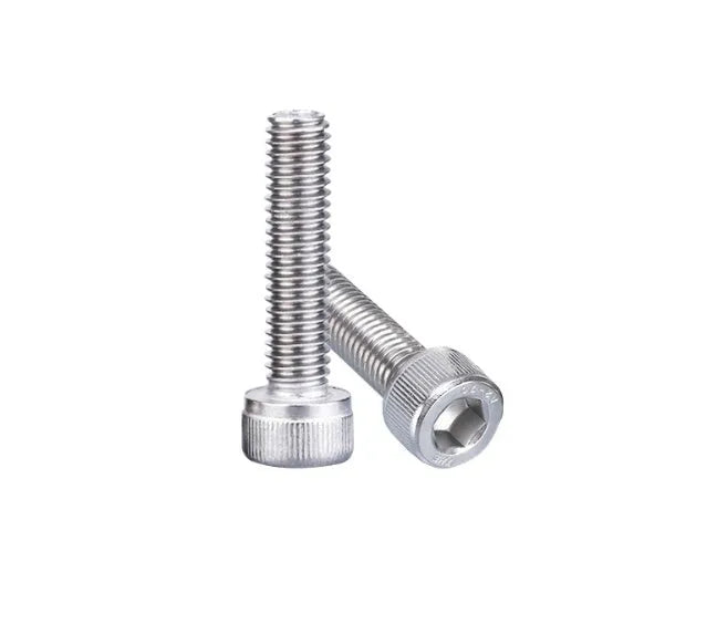 Stainless steel turntable cartridge mounting kit with allen bolts, nuts, washers, and two allen keys on a grey background.