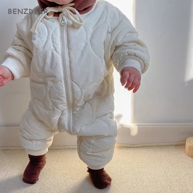 Baby padded quilted cotton kumpsuit with hat in beige, size 80cm