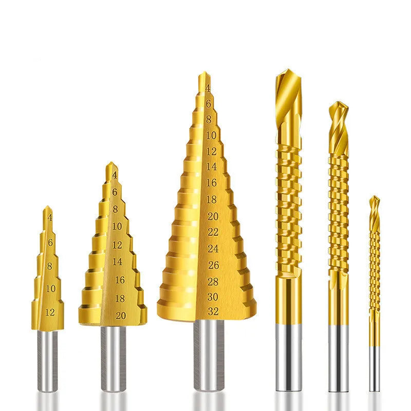 Cone drill bit punch set with high speed steel step drills and centre punch for metalworking applications