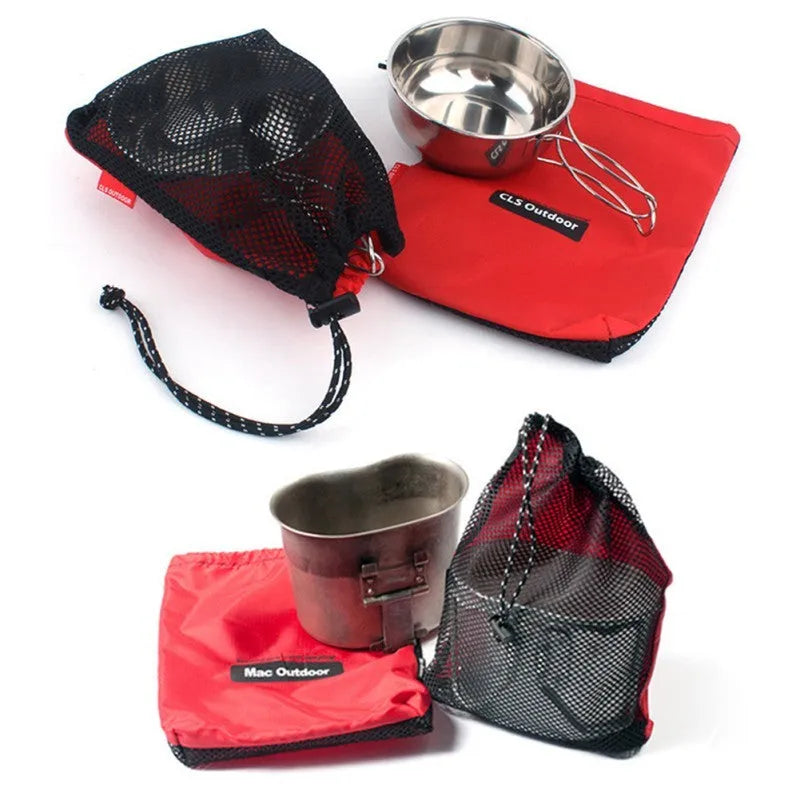 Red five-piece travel storage bag set with mesh panels and zipper closures