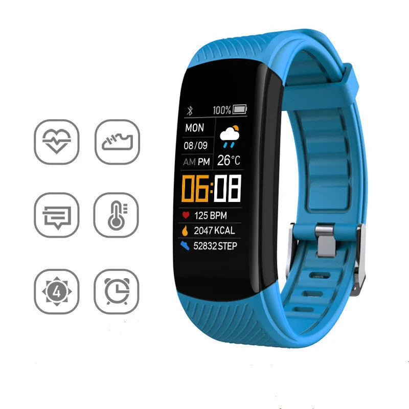 Adult sports silicone pedometer bracelet in multiple colours on wrist, showing 0.96-inch touchscreen display.