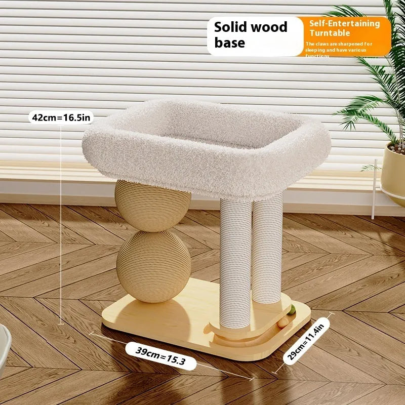 Pine wood cat bed with two sisal-wrapped scratching posts and dual ball toppers