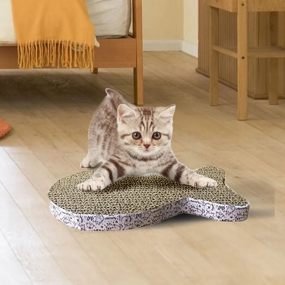 Corrugated paper cat scratcher toy in fish, butterfly and cat head shapes, each 2.5cm thick, for claw grinding.