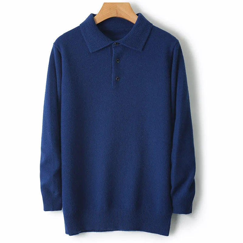 Men's woolen polo collar sweater pullover in various colours on a size chart background