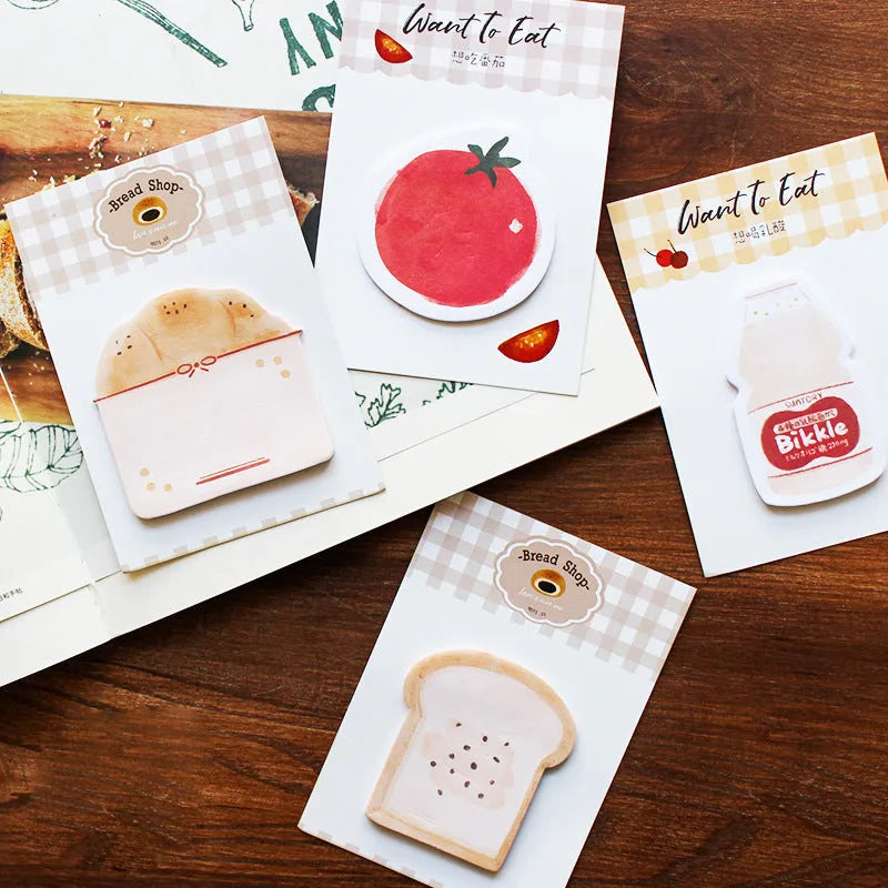 Food bread theme notepad open showing 80g paper, compact 85mm by 120mm size.