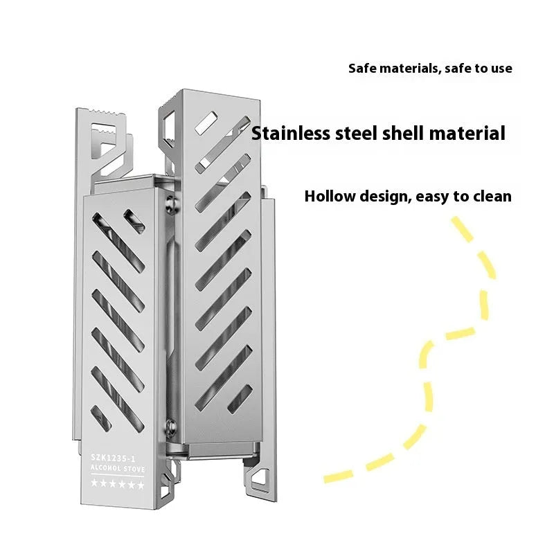 Hexagon alcohol camping stove in black or silver colour with foldable design and alloy construction