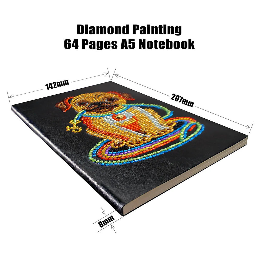 Black A5 hardback diamond painting notebook showing closed cover and spine.