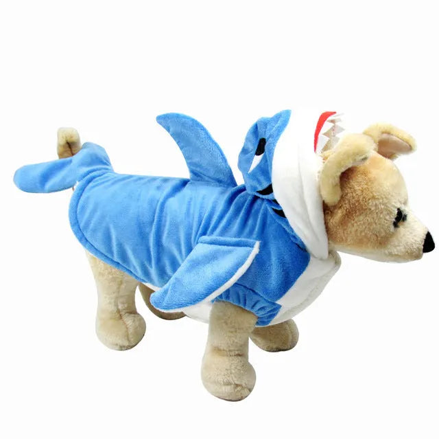 3D shark suit cosplay costume in blue or grey shearing fabric with embroidered eyes and zigzag-cut mouth
