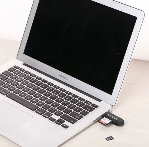 Black Smart Three-In-One Multi-Function Card Reader with Micro USB and USB 2.0 connectors