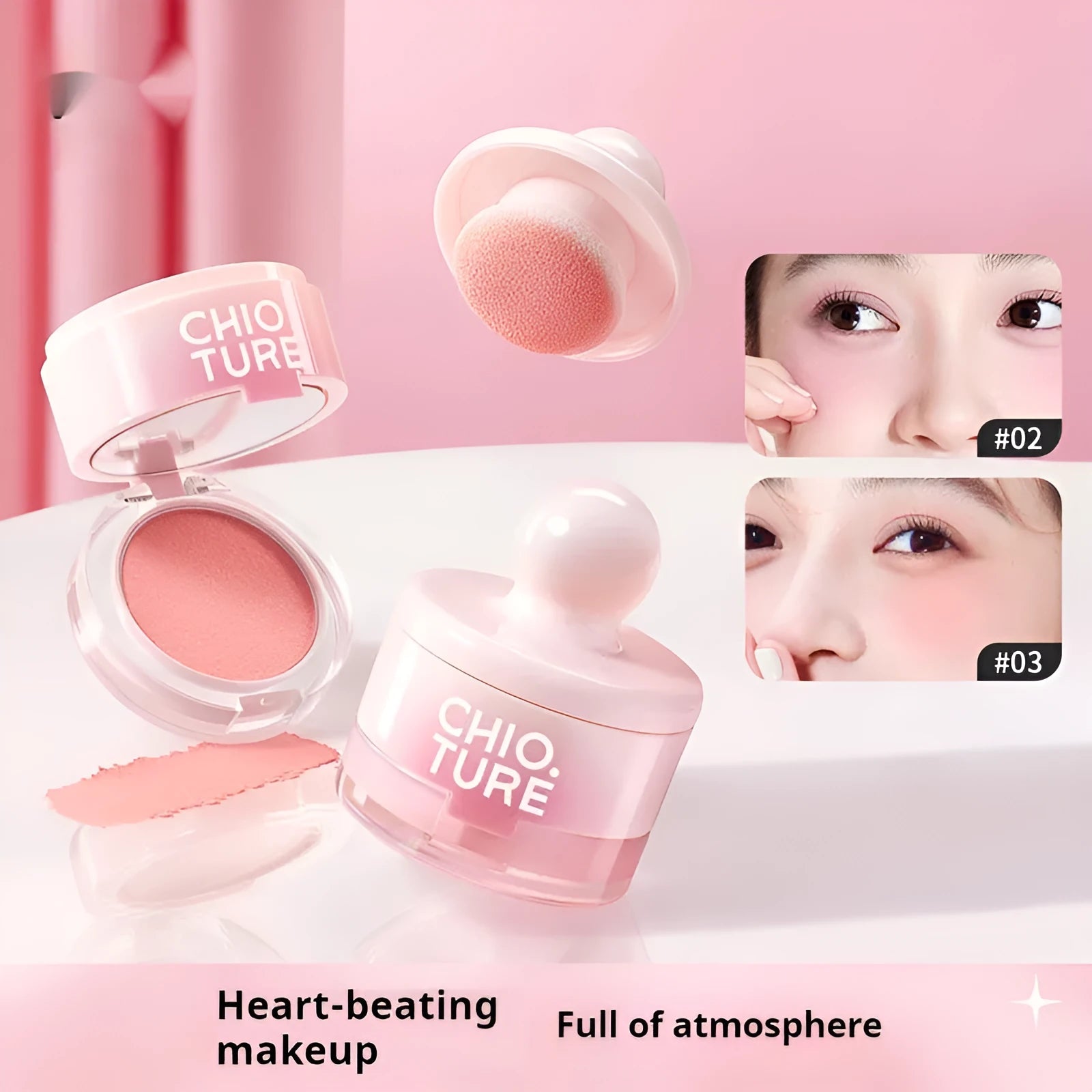 Blush powder compact in nude shimmer shades: Oxygenated White Peach, Sweet Potato Heartbeat, Sugar Heart Melon, Good Peanut
