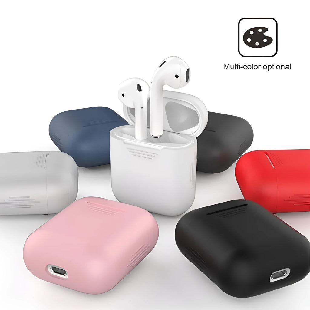 Silicone protective case for Apple AirPods in multiple colours, showing shockproof earmuffs and anti-lost rope attachment.