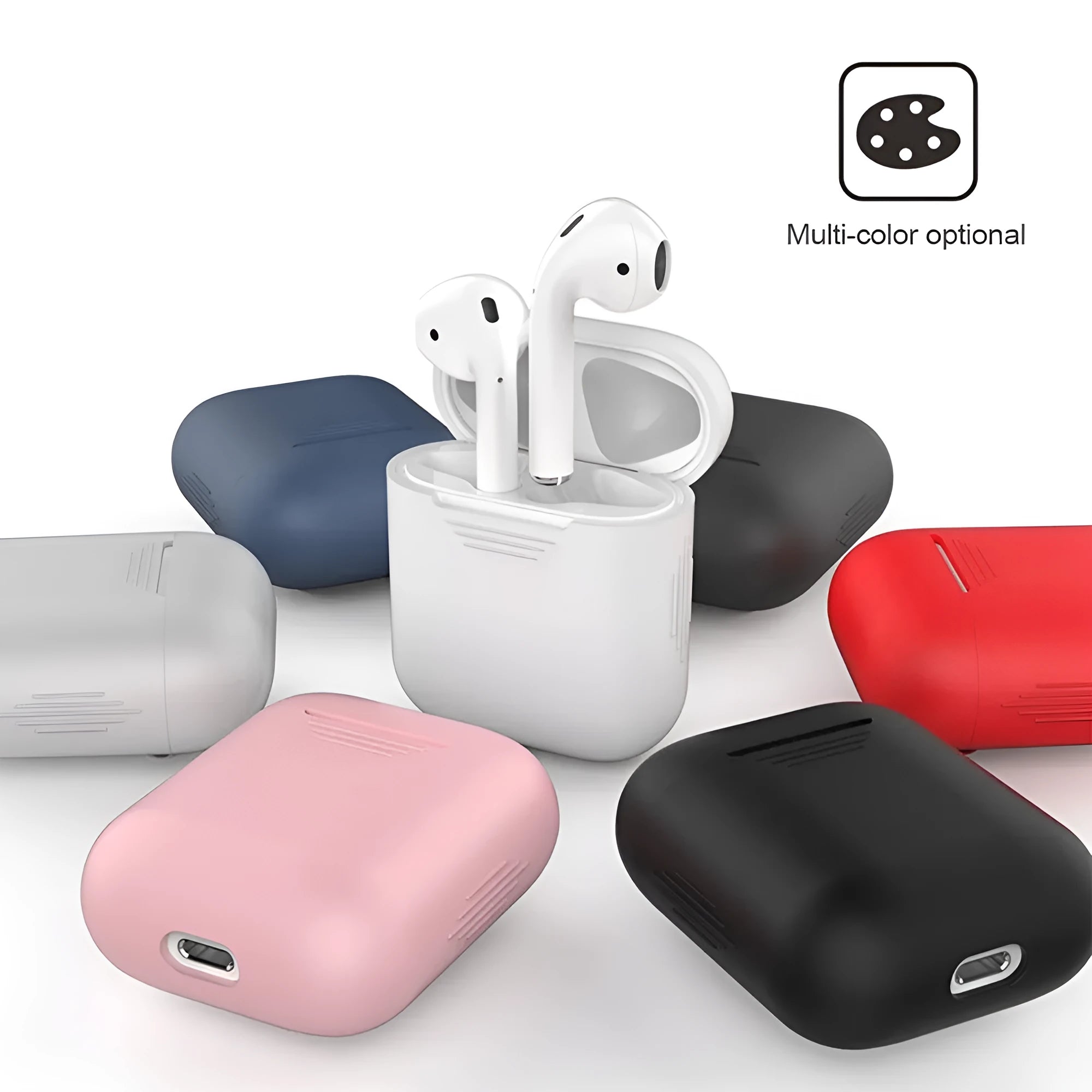 Silicone protective case for Apple AirPods in multiple colours, showing shockproof earmuffs and anti-lost rope attachment.