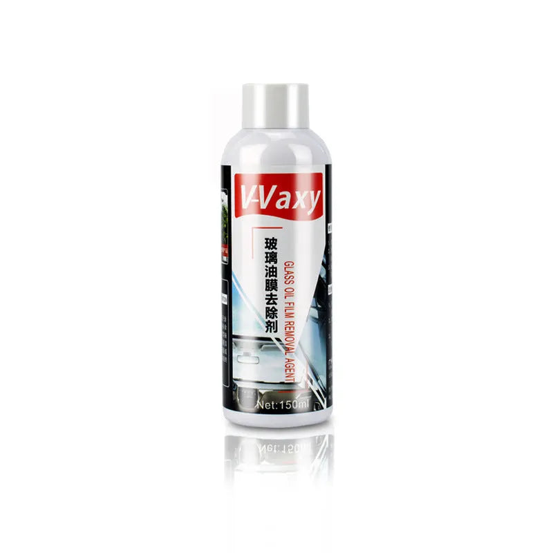 Car glass oil film remover paste in tub with applicator cloth, for removing bird droppings and tree sap from windshield