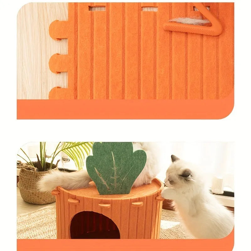 A soft grey felt cat tunnel nest with a round entrance, shown in two different sizes.