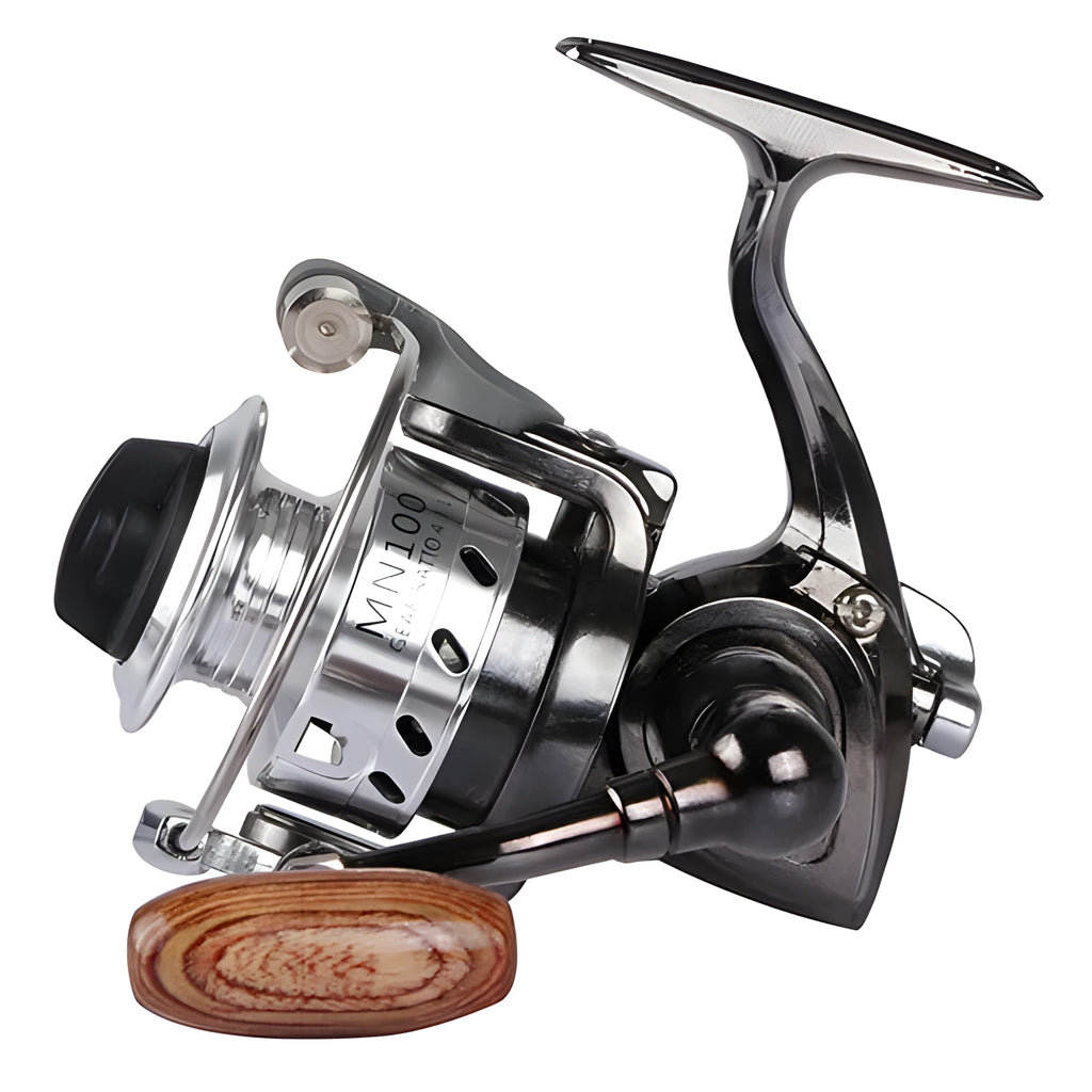 Mini 100 all metal fishing reel in black, 8cm high, with wooden handle rocker arm folded