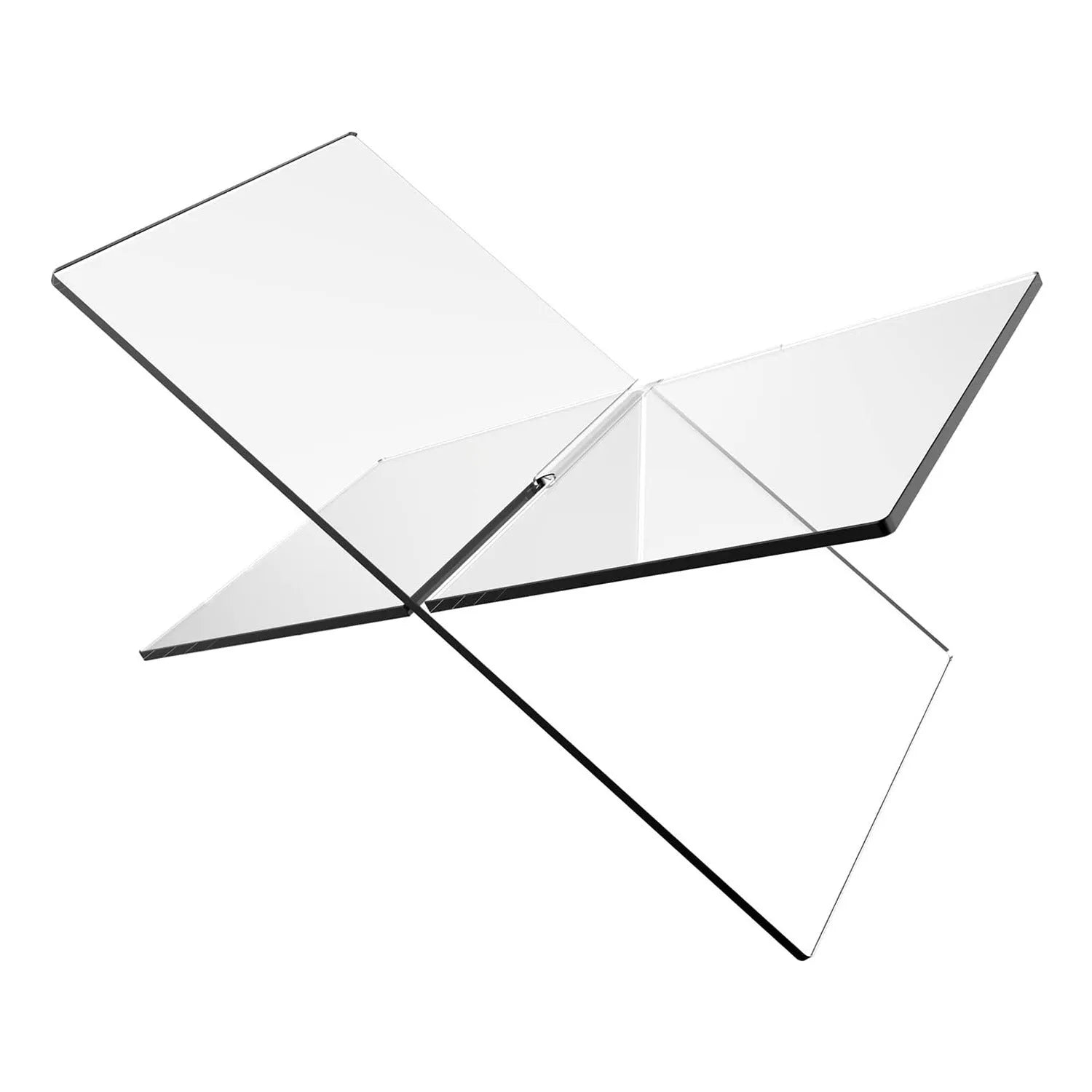 Clear acrylic X-shaped book reading rack displaying a book on a desktop