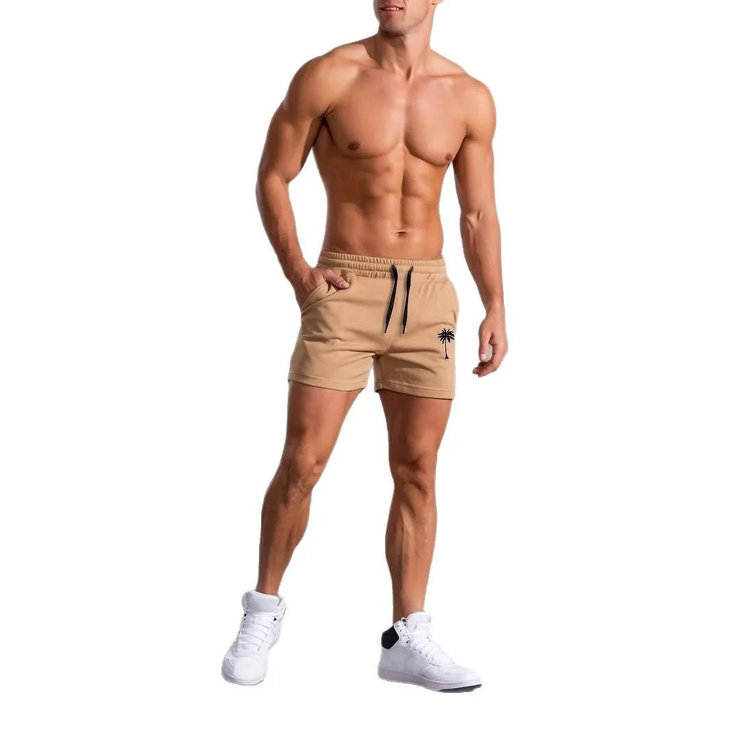 Men's khaki coconut print sports shorts with elastic waistband