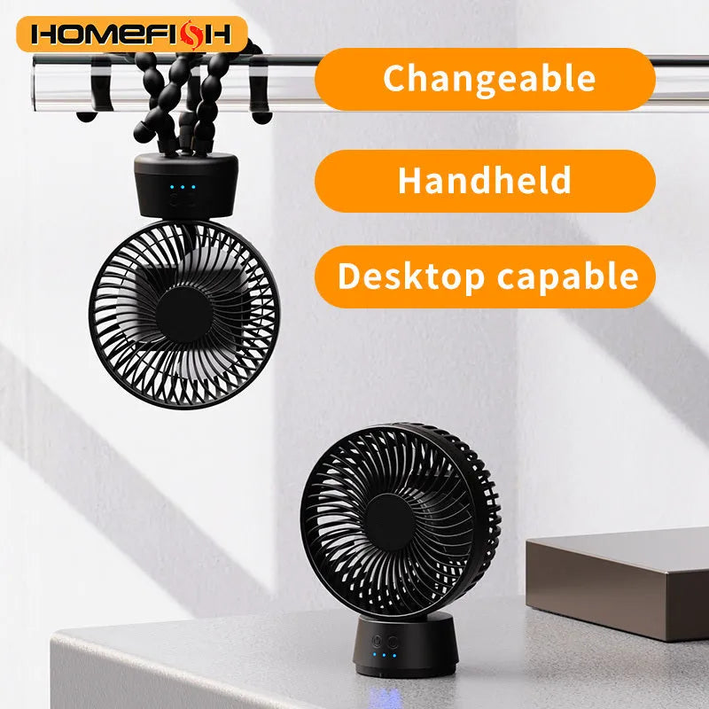 HOMEFISH F2 automatic shake head portable fan with LED light on a detached bracket