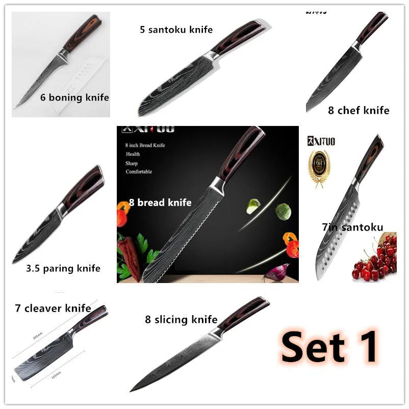 7Cr17 stainless steel chef knife with 18cm blade, laser Damascus pattern, and coloured wood handle