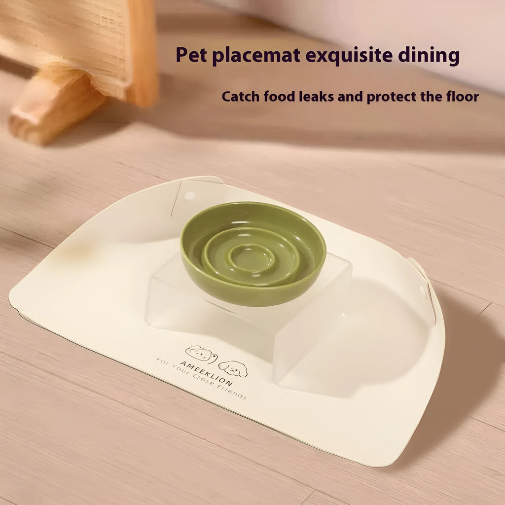 Anti-spill waterproof leather pet placemat in apricot colour under dog bowl