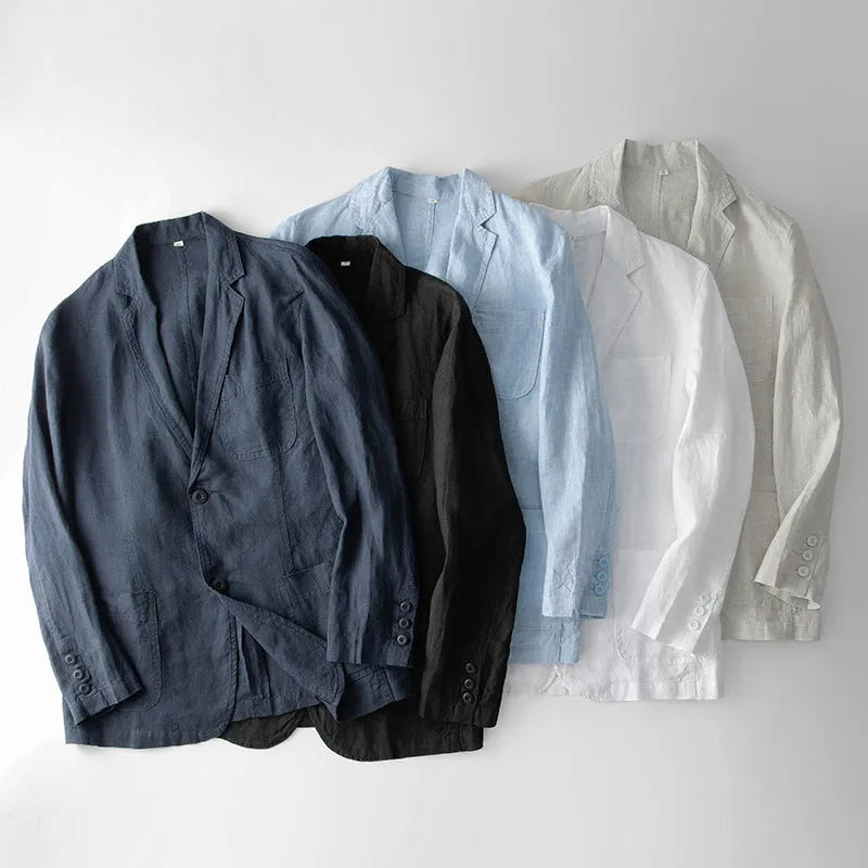 A man's casual linen suit jacket in a solid colour, shown with long sleeves and a loose fit.
