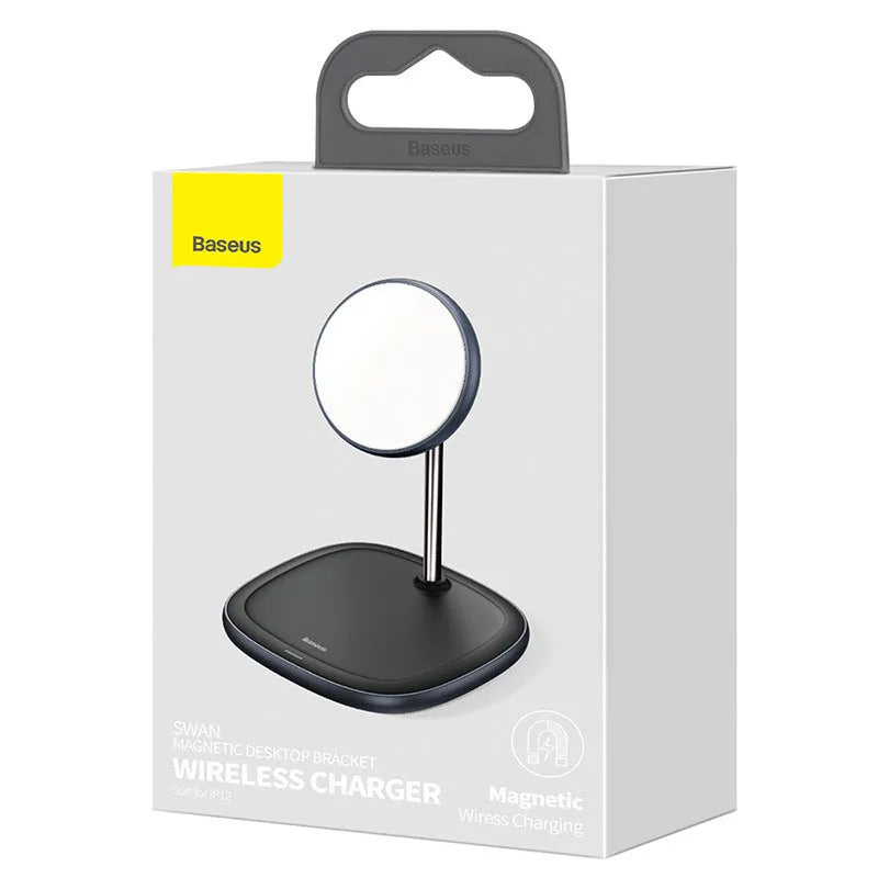Swan Magnetic Desktop Stand Wireless Charger for iPhone 12 in black or white with Type-C cable