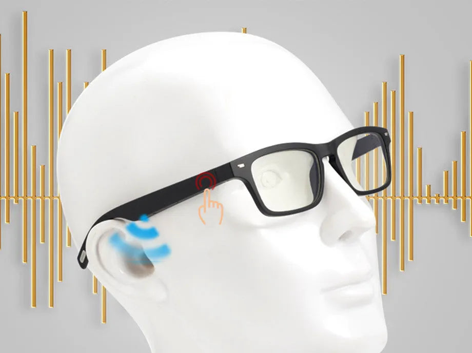 Semi-open smart glasses with PC+ABS frame, polarized anti-blue light lenses, and IPX7 waterproof rating for sports and driving.