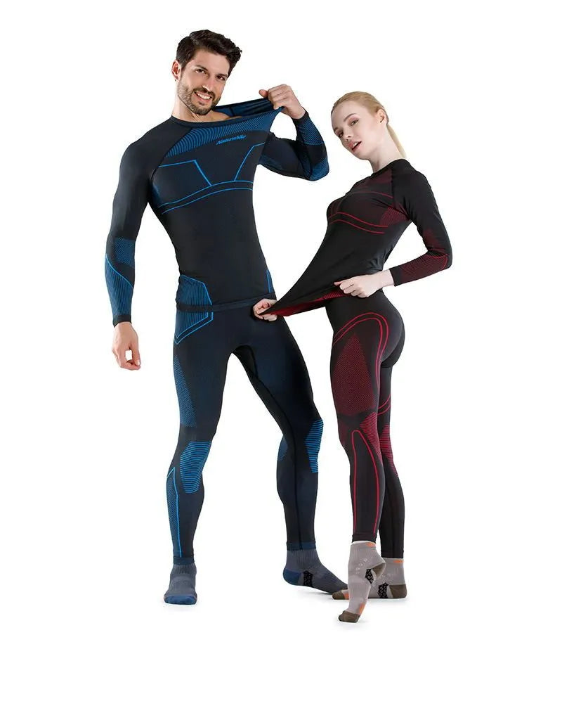 Quick-dry thermal underwear set for men and women, Coolmax polyester spandex base layer in black and grey