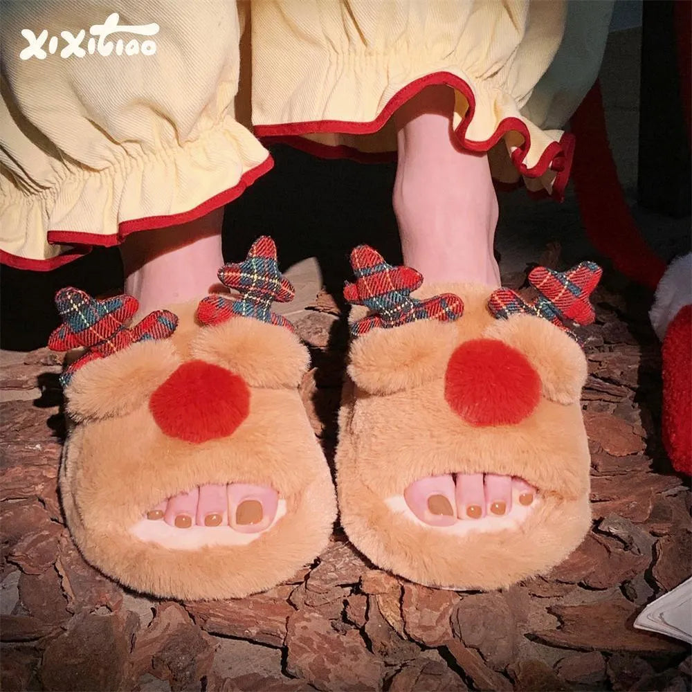 Brown women's indoor slippers with cartoon deer design, suede upper, and PVC sole