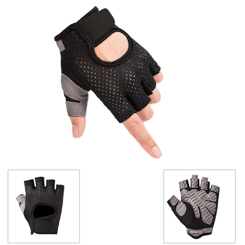 Half finger sports fitness gloves with non-slip silicone palm in Black colour for riding and gym use