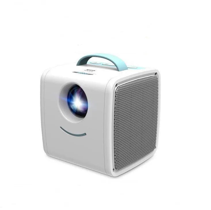 Blue US mini home theater projector showing a large projected image on a wall
