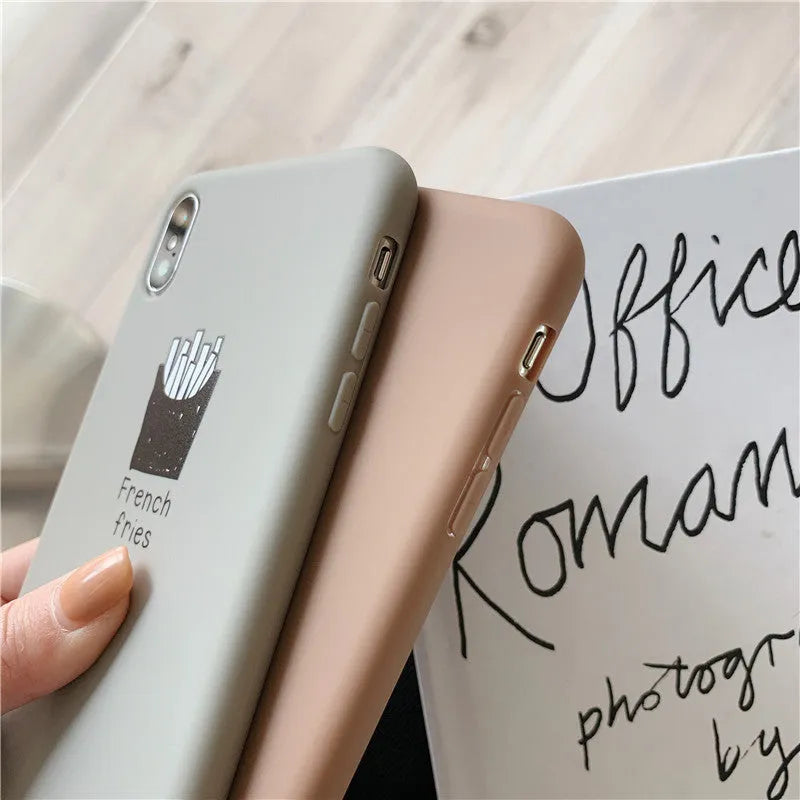 Silicone iPhone case with ice coffee and French fries couple-themed patterns on soft matte finish