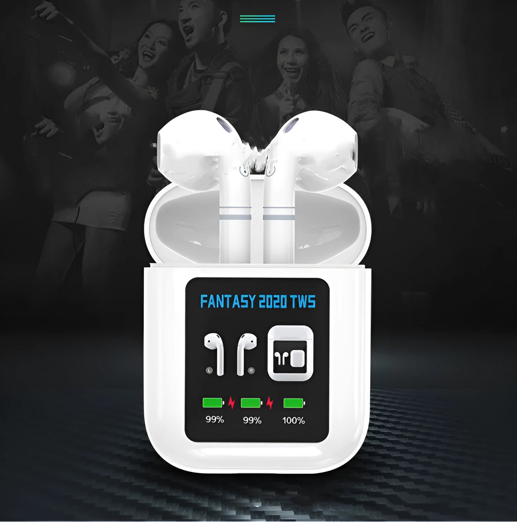 White Bluetooth 5.0 stereo sports in-ear headphones with charging box, 13mm sound unit and 36g bare metal weight